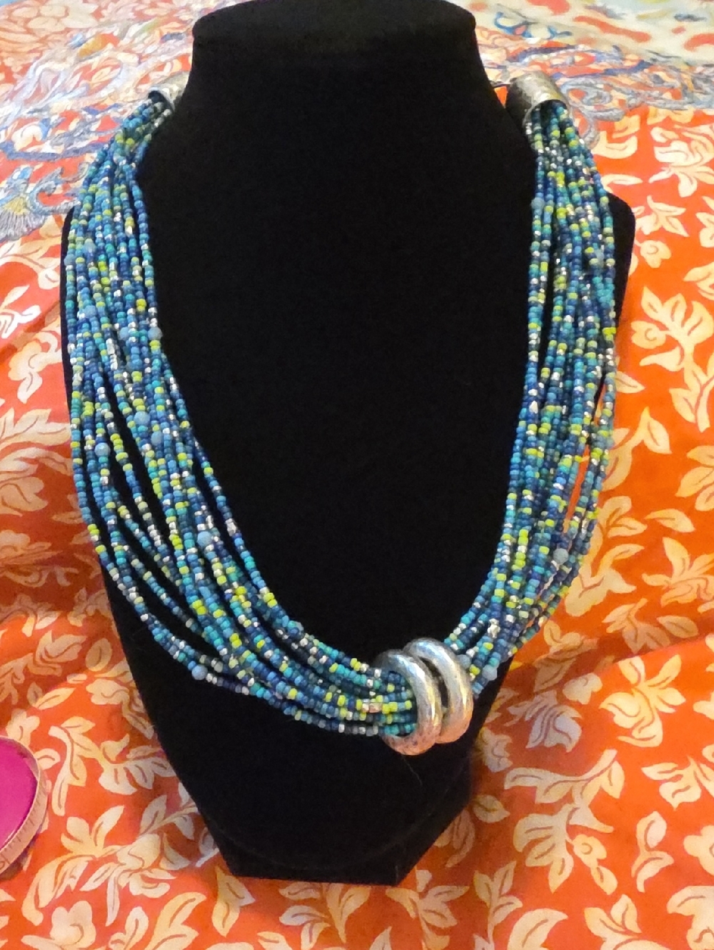 Chico's Multi-Strand Blue Seed Bead Necklace with Silver Accent